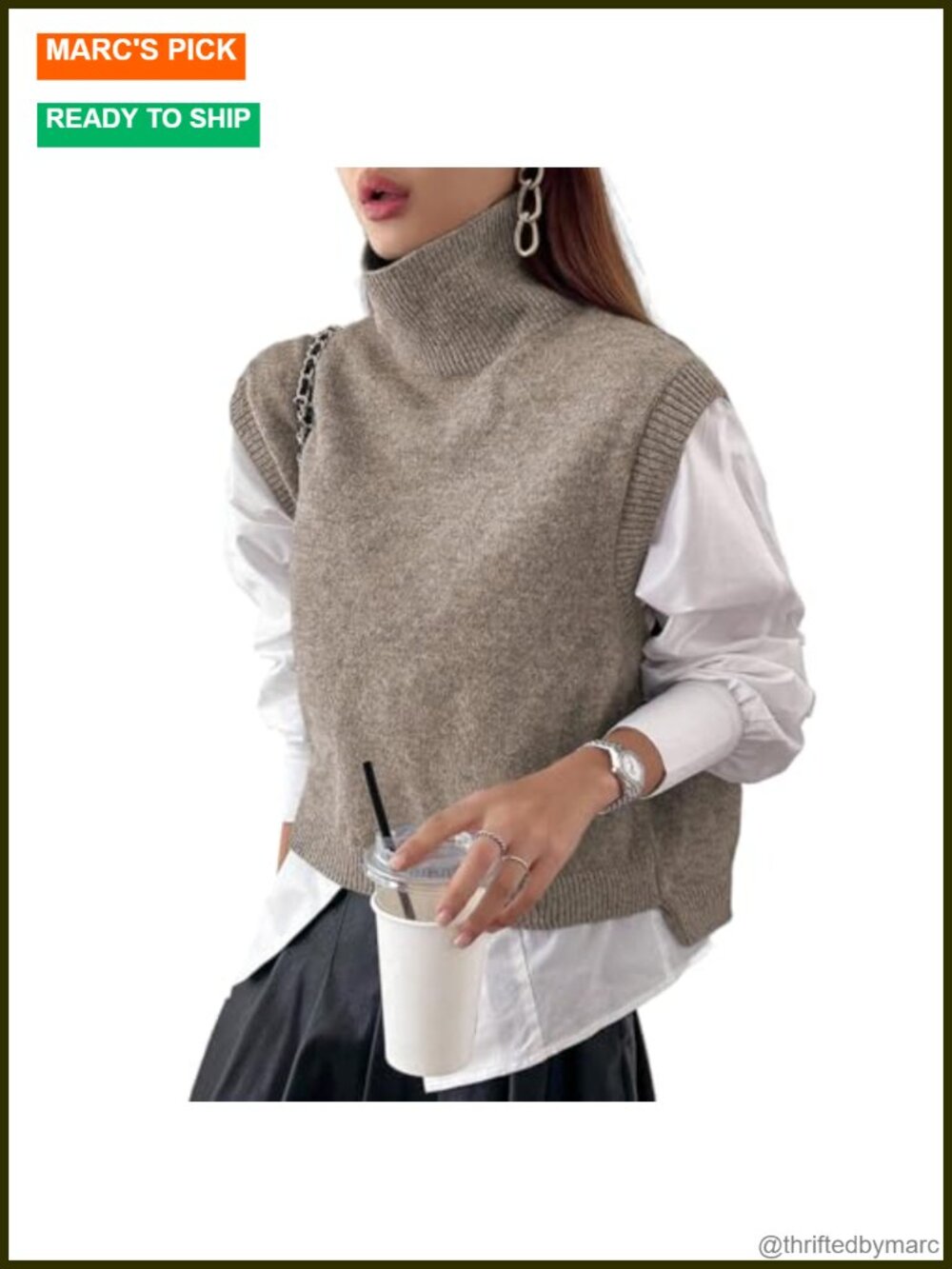Sleeveless High Neck Knit Crop Sweater Vest Loose Fit High Low Hem Pullover